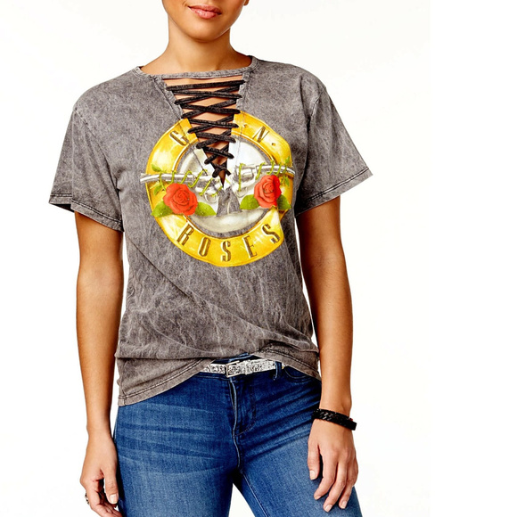 Guns N Roses Logo Lace-Up Mineral Wash metal rock Official T-Shirt L NWT - Picture 1 of 3